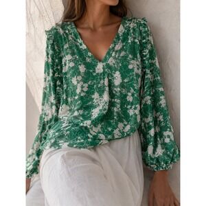Alexie Floral Lace Blouse Womens Large Green White Ruffle Puff Sleeve Tie Waist